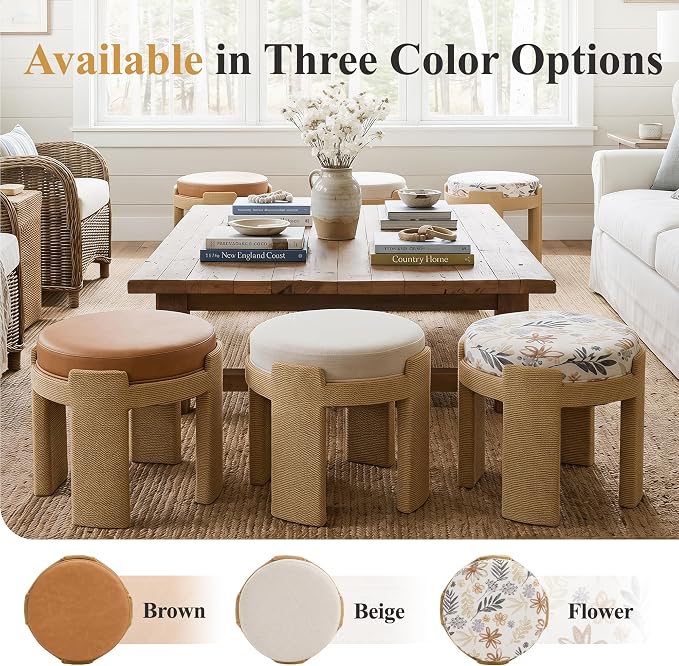 Round Ottoman Set of 2, Boho Hand-Woven Rope Upholstered Ktichen Vanity Chairs Accent Stool Fully Assembled for Bedroom Living Room, Floral Linen