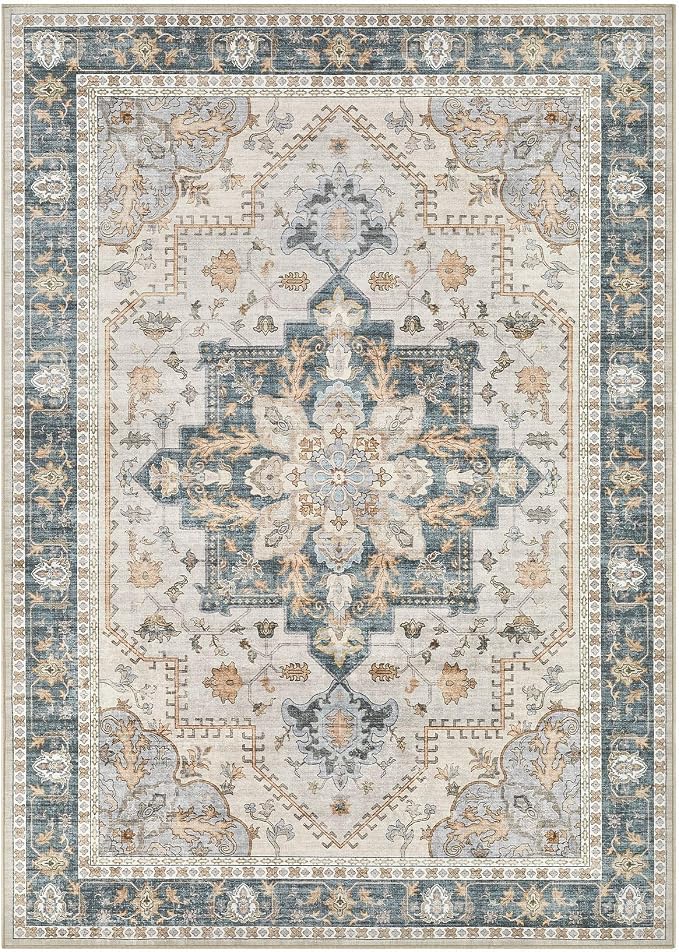 Tortania Area Rug Living Room Rugs - 9x12 Washable Boho Rug Vintage Oriental Distressed Farmhouse Large Thin Indoor Carpet for Living Room Bedroom Under Dining Table Home Office - TealTaupe