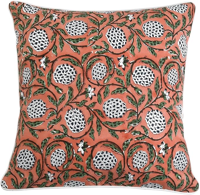 Ridhi Block Print Dark Salmon Pink Pillow Cover 20" x 20" (Pack of 2) Decorative Couch Pillows for Living Room, Chic Boho Cute Outdoor Pillows Covers Gifts for Spring, Easter and Valentine