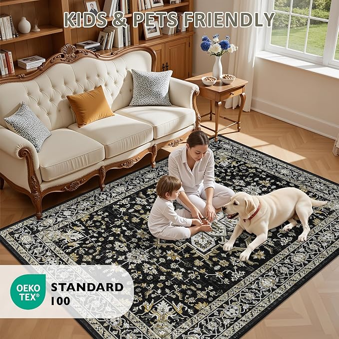 Hallway Runner Rug Non Slip - Washable 2.6x8 Kitchen Rugs for Living Room, Low-Pile Soft Bedroom Rug Indoor Floor Stain Resistant Carpets for Entryway, Laundry, Bathroom Black Gold