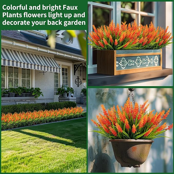 Nigirior Artificial Flowers for Outdoor Plants 24 Bundles Fake Lavender Plastic Faux Monkey Grass for Verandah Window Garden Office Patio Front Porch UV Resistant for Planter(Orange)