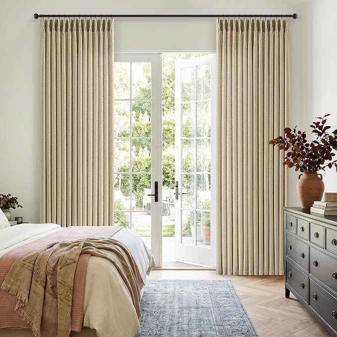 Pinch Pleated Oatmeal Curtains 112 Inch for Bedroom Living Room Semi Sheer Privacy Back Tab Pinch Pleat Drapes for Track System Farmhouse Memory Shaped Floor to Ceiling Curtains 112 Inches Length