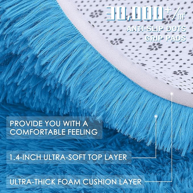 OLANLY 2x5 Machine Washable Runner Rugs for Hallway, Soft Fluffy Shaggy Bedside Rugs for Bedroom, Living Room, Indoor Floor Carpet for Kids Girls and Boys, Home Decor Aesthetic, Bright Blue