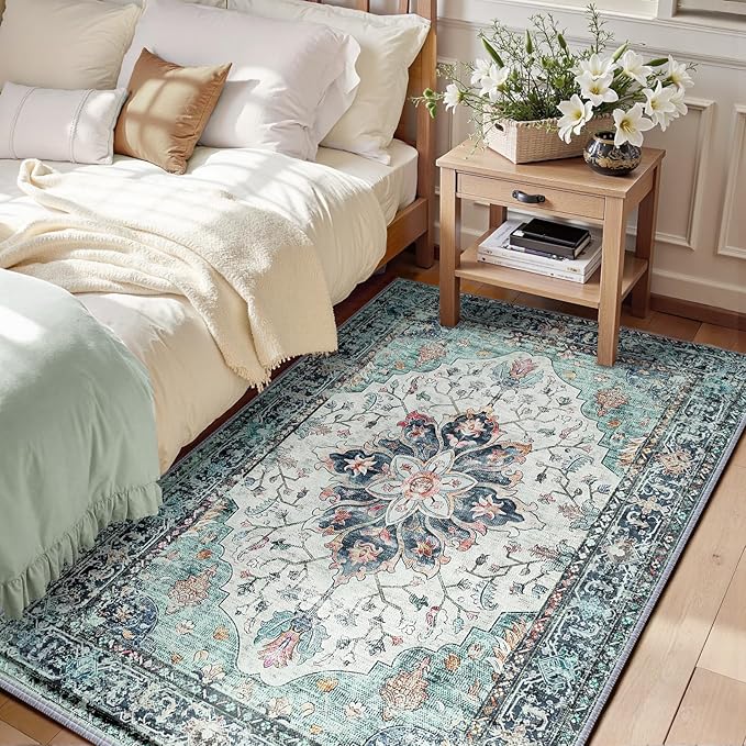 RELEANY Area Rugs 6'x9' Washable Non-Slip, Floral Vintage Distress Print Pattern Medallion Carpet for Living Room Bedroom Dining Room, Green Navy Blue White Red Teal Colorful