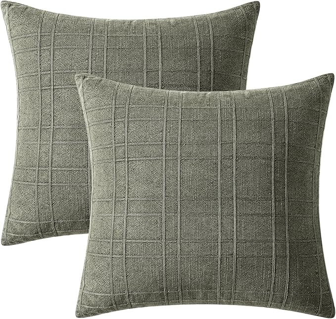 MIULEE Decorative Linen Check Euro Shams Throw Pillow Covers Neutral Farmhouse Vintage Spring Pillow Covers 22x22 Set of 2 Boho Modern Home Decor for Sofa Couch Bedroom Cushion Olive Green