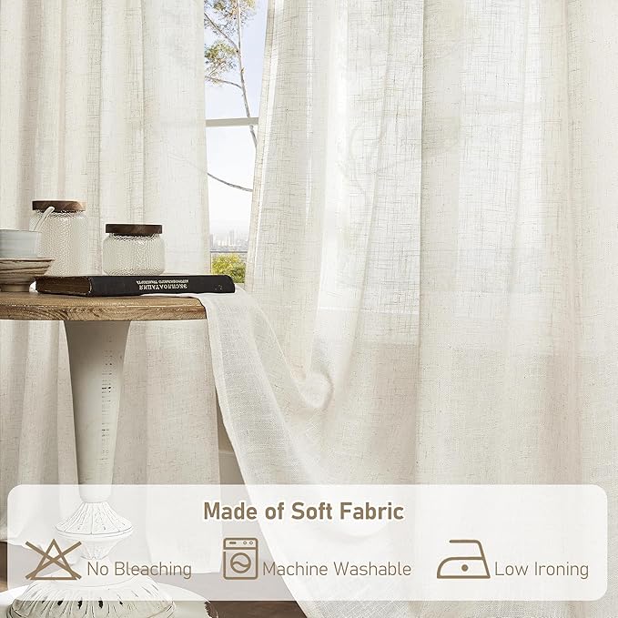 LAMIT Natural Linen Semi Sheer Window Curtains 54 Inch, Light Filtering Neutral Bedroom Curtains Farmhouse Boho Back Tab and Rod Pocket Panels, Cream Ivory, 2 Panels, 52 x 54 Inch
