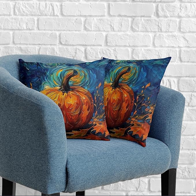 Fall Van Gogh Pillow Covers 24x24 Set of 2 Autumn Pumpkin Under Starry Night Throw Pillow Covers Oil Painting Pillowcase Cushion Case for Home Decor Patio Outdoor Sofa