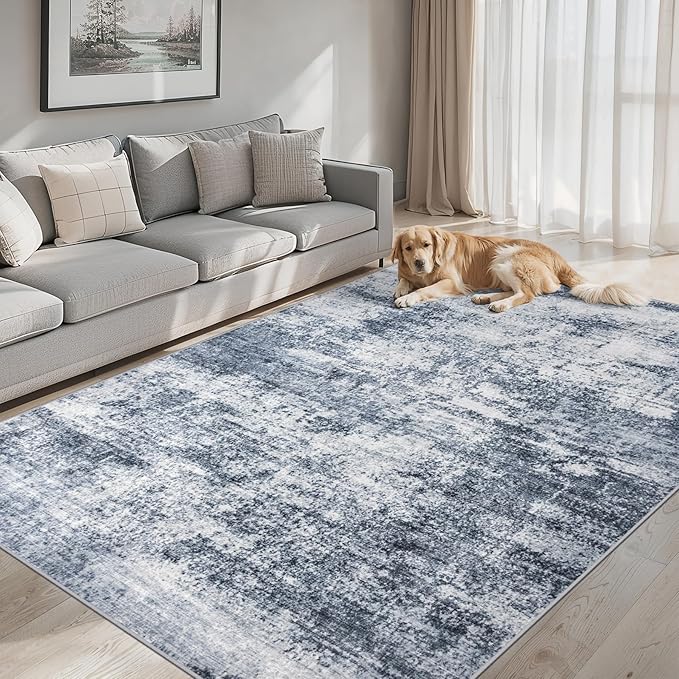 Area Rugs 10x12 Living Room - Washable Rug Modern Abstract Soft Large Neutral Non-Slip Carpet Indoor Floor Thin Carpets for Bedroom Dining Room Farmhouse Nursery Home Office Grey Blue