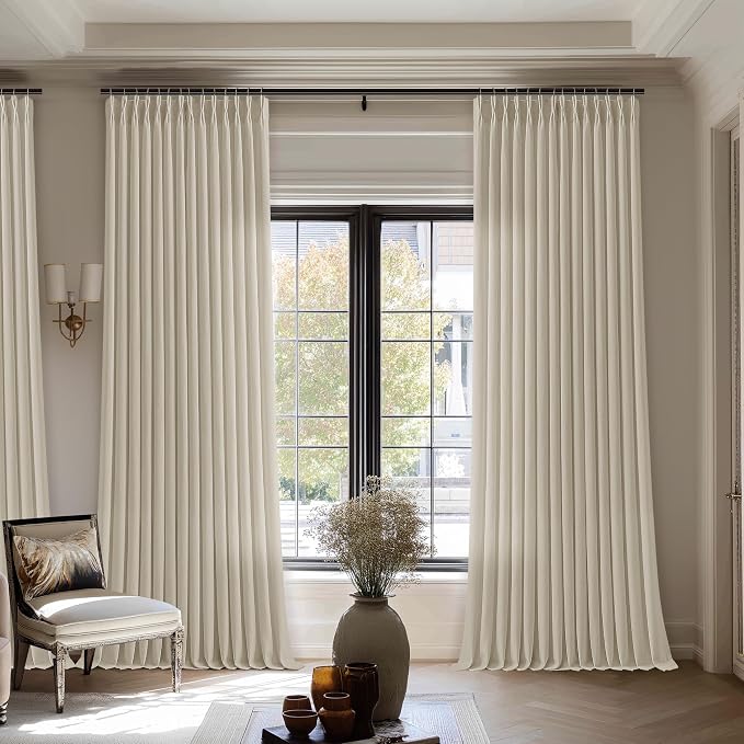 Extra Wide Semi Sheer Linen Curtain 96 Inches Long 70 Inch Wide Pinch Pleated Curtain Drapes for Patio Sliding Glass Door Beige Oatmeal Boho Privacy Curtain for Living Dining Room 70x96 1 Panel