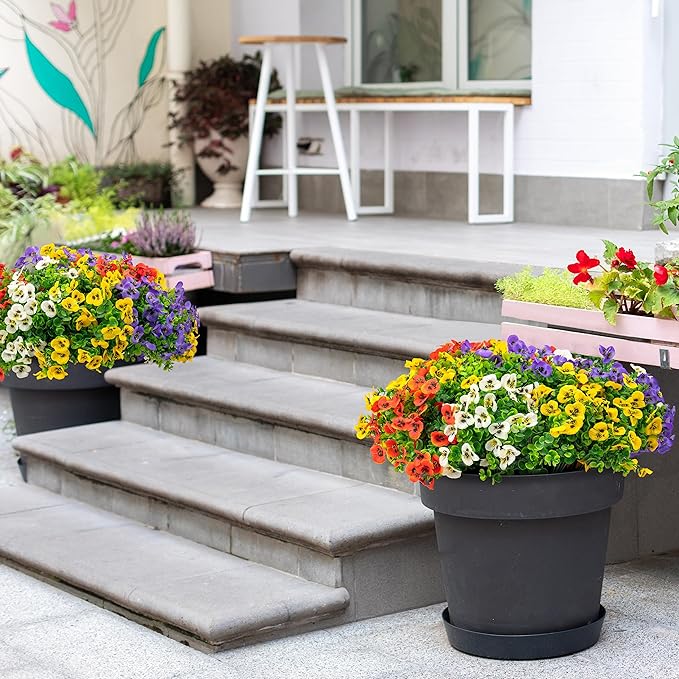 16 Bundles Artificial Fake Pansy Flowers for Outdoor - Yellow, White,Sunset red & Purple Faux Pansies Flowers, Fake Flowers for Outdoor Planters, Porch, Garden, Window Boxes, and Home Decoration