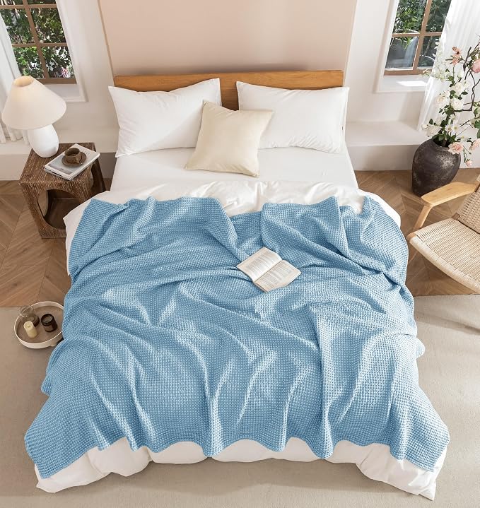 Talasily 100% Cotton Blanket King Size for Bed - Spring and Summer Cooling Lightweight & Breathable Bedding -Soft Waffle Weave Christmas Blanket, Machine Washable,Navy Blue,108x90 Inches