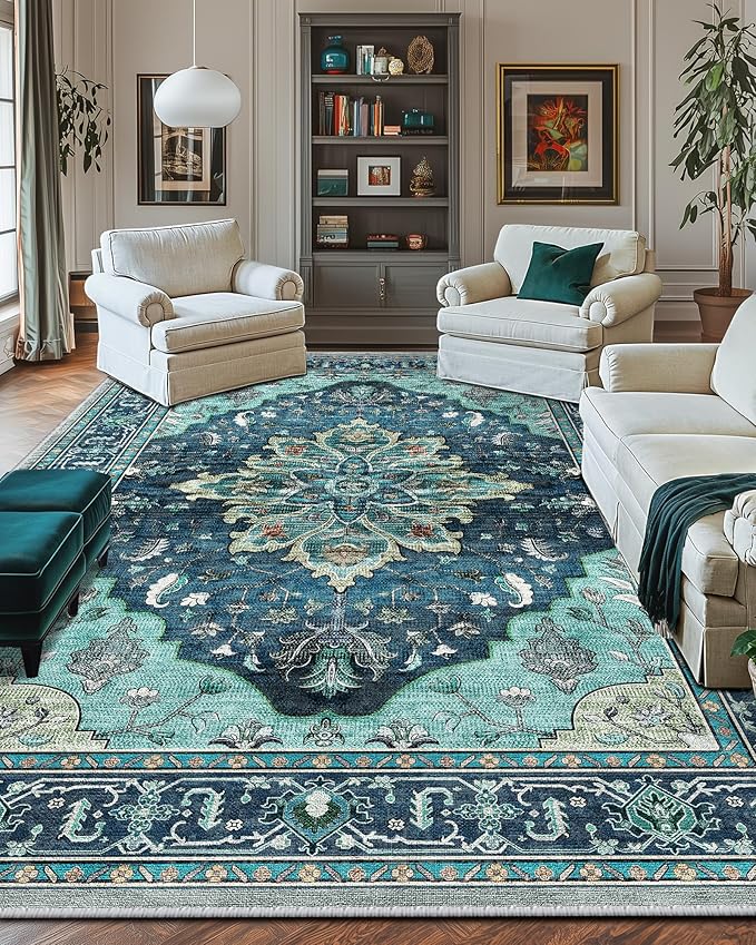RELEANY Area Rugs 9'x12' Washable Non-Slip, Floral Vintage Distress Print Pattern Medallion Carpet for Living Room Bedroom Dining Room, Teal Green Lake Blue Turquoise