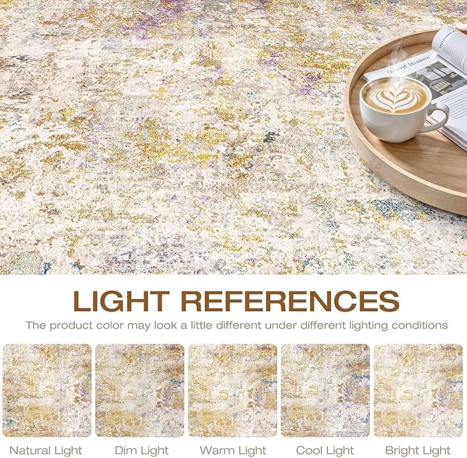 7x9 Area Rug Living Room: Washable Large Neutral Rug Abstract Soft Modern Stain Resistant Indoor Floor Non-Slip Carpet for Bedroom Nursery Kids Classroom Playroom Dining Room- Gold Multi
