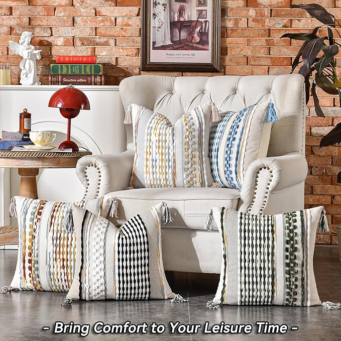 AmHoo Set of 2 Chenille Striped Textured Boho Throw Pillow Covers Aesthetic with Tassels Woven Decorative Pillow Case for Couch Bed Sofa Bedroom Modern Funky 18 x 18-Inch Sky Blue