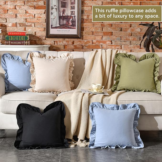 AmHoo Pack of 2 Throw Pillow Covers 100% Cotton Pre Washed Ruffle Decorative Pillowcase Cushion for Couch Sofa Bedroom 20 x 20-Inch Black
