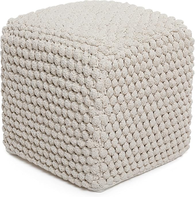 BIRDROCK HOME Square Pouf Ottoman Foot Rest - 18” Compact Comfortable Soft Cotton Knit Bean Bag Floor - Chair Foot Stool Seat for Living Room, Bedroom, or Kids Room (Natural Bud)
