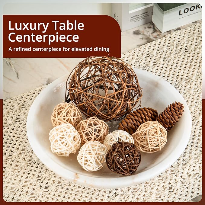 Decorative Marble Bowl White - Handcrafted Natural Stone on Acacia Wood Pedestal - Versatile 10" Catch‑All Centrepiece for Home Decor - Entryway, Dining Table, Kitchen Fruit Bowl, Key Holder (White)