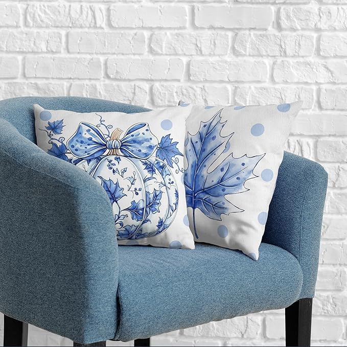Fall Pillow Covers Blue and White Porcelain Maple Leaf Pumpkin Throw Pillow Covers 20x20 Set of 2 Autumn Blue Polka Dot Pillowcase Thanksgiving Cushion Case for Couch Sofa