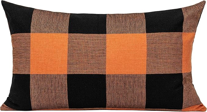 VAKADO 12x20 Inch Set of 2 Buffalo Plaids Decorative Throw Pillow Cases Farmhouse Fall Retro Checkers Lumbar Rectangle Cushion Covers Home Decor for Sofa Couch, Orange and Black