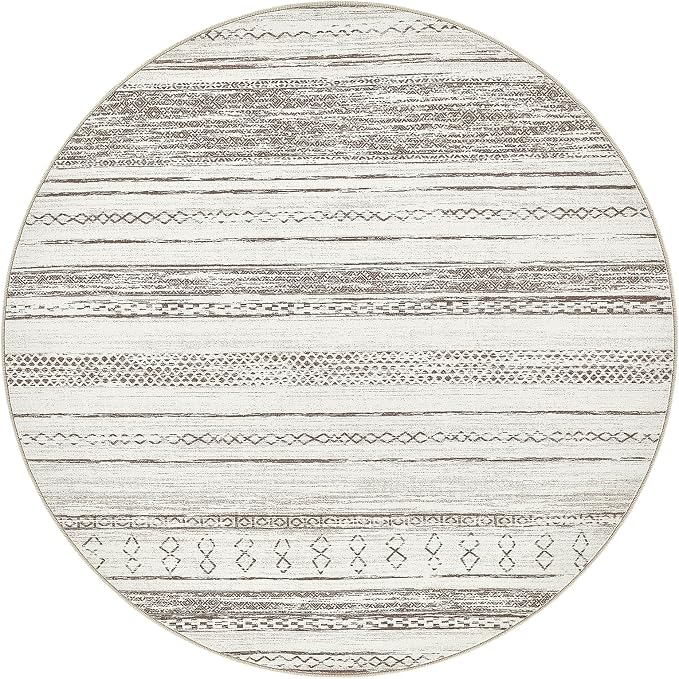 Tortania 5' Round Area Rug Living Room Rugs - Washable Large Soft Neutral Boho Moroccan Bohemian Farmhouse Rug Indoor Floor Carpet for Bedroom Under Dining Table Home Office Decor - Cream/Brown