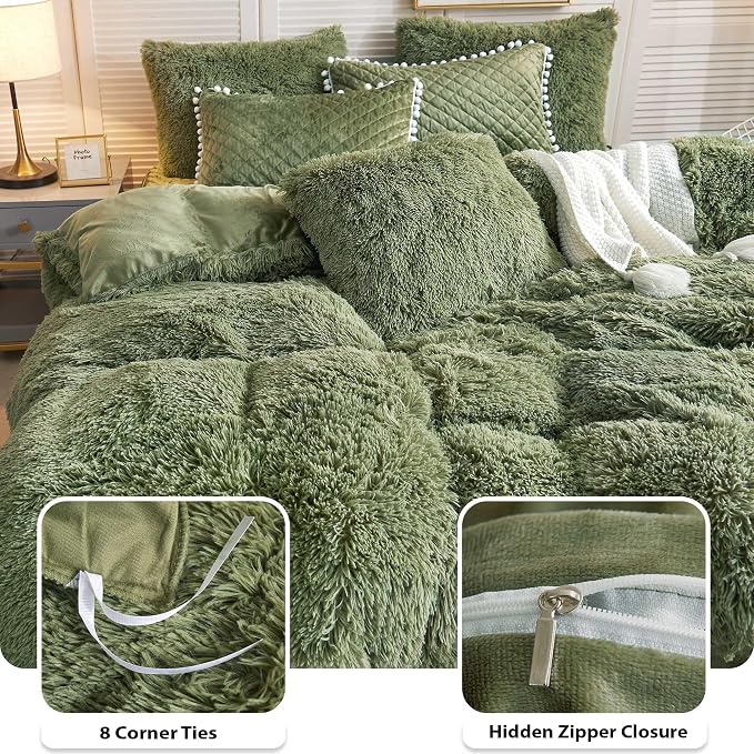LIFEREVO Luxury Plush Shaggy Duvet Cover Set, Soft Fluffy Furry Duvet Cover Set(1 Faux Fur Fuzzy Comforter Cover+2 Pom Poms Velvet Pillowcases)Solid Bedding Set, Zipper Closure(Full/Queen, Sage Green)