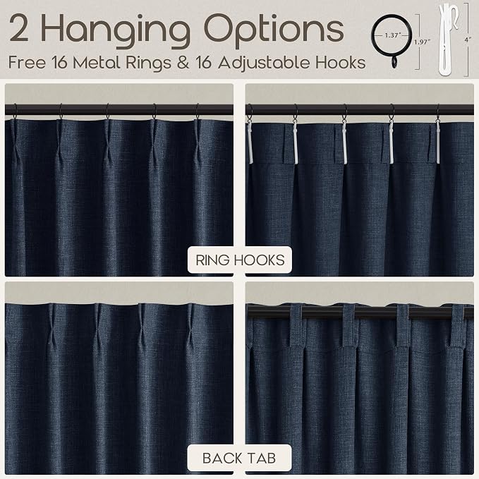 Navy Pleated Linen Curtains 96 Inch 2 Panels Set Memory Trained Shaped Semi Sheer Privacy Dark Blue Window Curtains for Living Dining Room Country Modern Back Tab Pinch Pleat Burlap Drapes 40x96