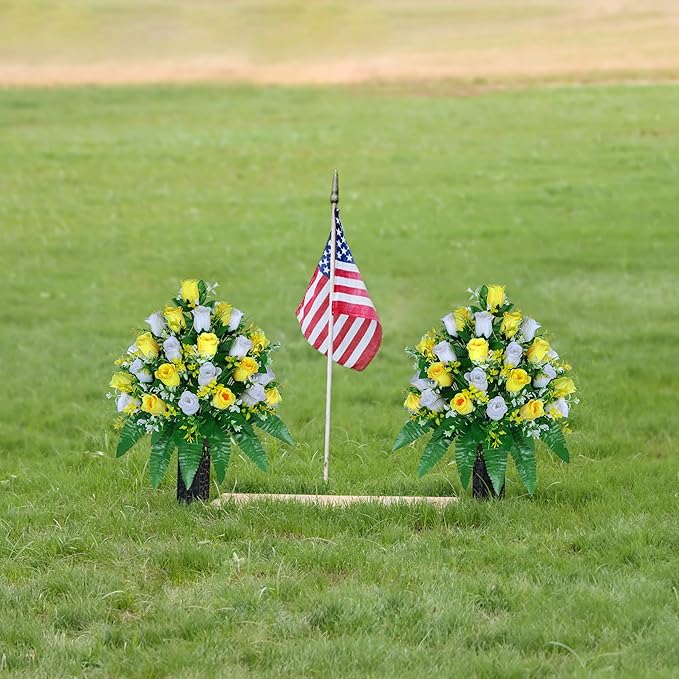 LVXINLI Artificial Cemetery Flowers, Gravesite Decoration Roses, Memorial Bouquets with Cemetery Vase, Vibrant and Long-Lasting Colors (Yellow+White, 2 Bundles)