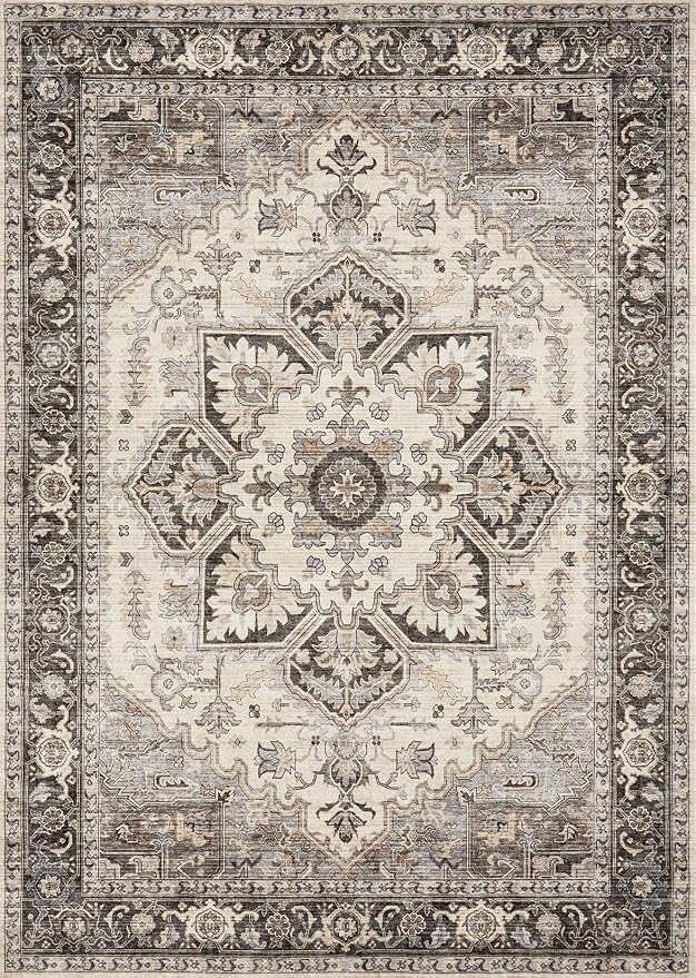 Area Rug for Living Room - 8x10 Soft Machine Washable Oriental Vintage Floral Distressed Large Indoor Floor Carpet for Bedroom Under Dining Table Home Office Decor - Grey Brown
