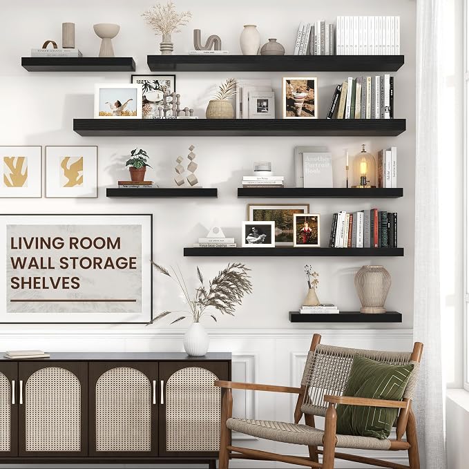 Venusmiles Floating Shelves for Wall 72 inch Long, Engineered Wood Large Wall Shelves with Invisible Brackets for Living Room Bedroom Bathroom Office Kitchen Decor and Storage, Black Finish, Set of 1