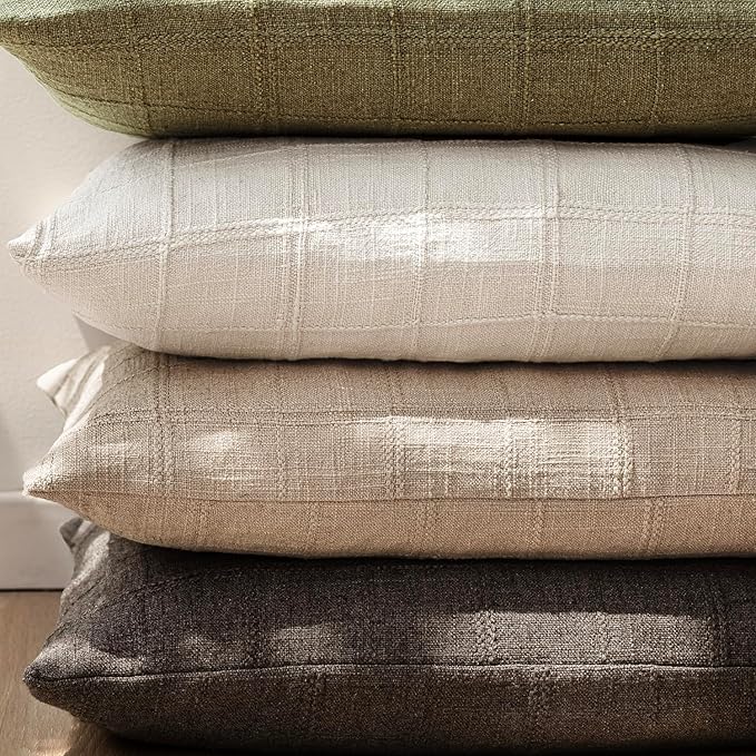Foindtower Set of 2 Decorative Linen Check Throw Pillow Covers Neutral Farmhouse Lumbar Cushion Covers Modern Coastal Boho Home Decor for Sofa Chair Couch Bedroom Living Room,12×24 Inch,Camel