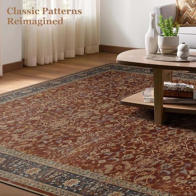 Old Money Aesthetic 6x9 Area Rugs, Low Pile Washable Rugs for Living Room Bedroom Non Slip, Vinatge Maximalist Print Carpet Rug for Dining Room Home Office, Deep Burnt Orange