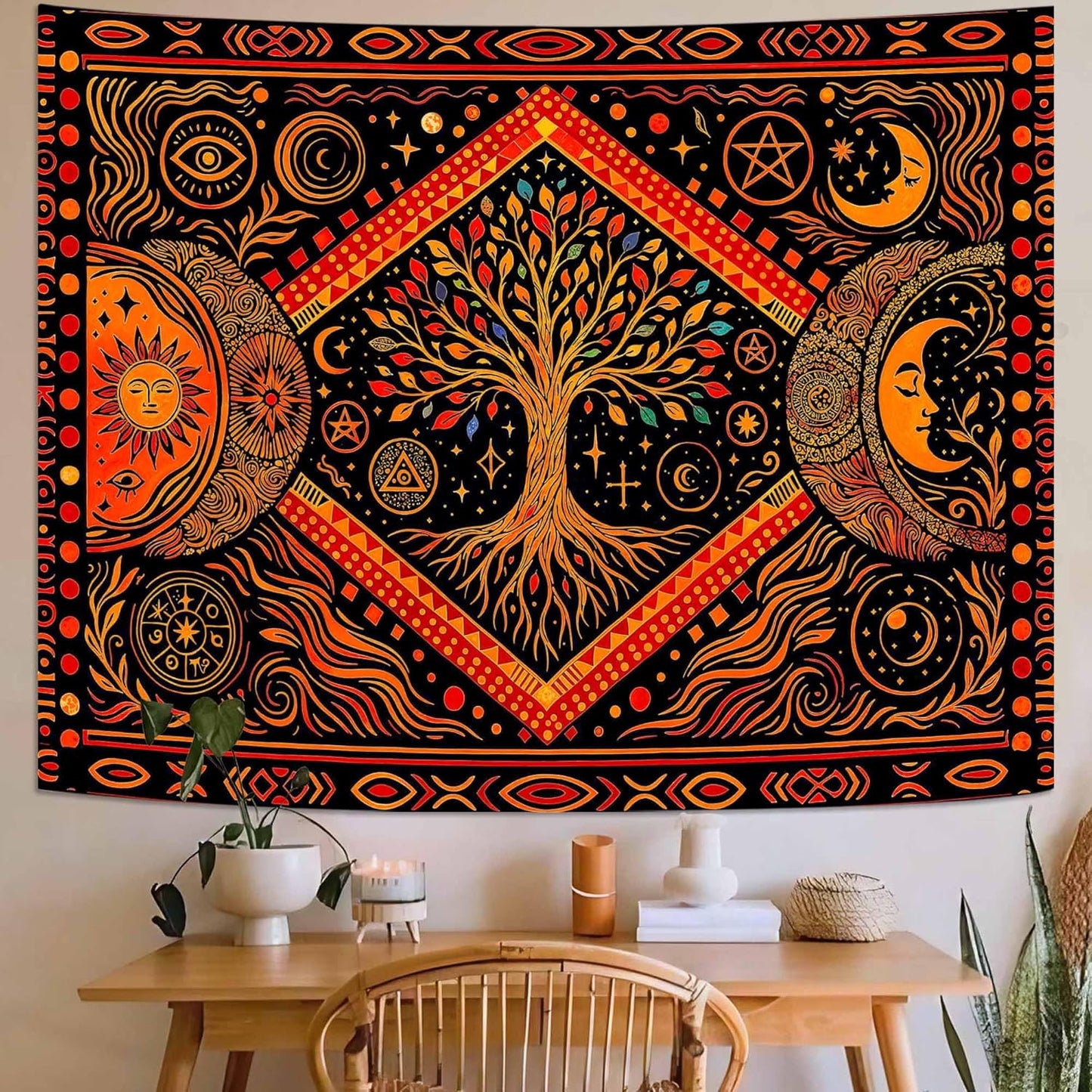 Lunerfex Tree of Life Sun Moon Stars Wall Tapestry, Cosmic Harmony Symbol Tapestries for Home Decor, Mystical Tapestry 60x44 Inch