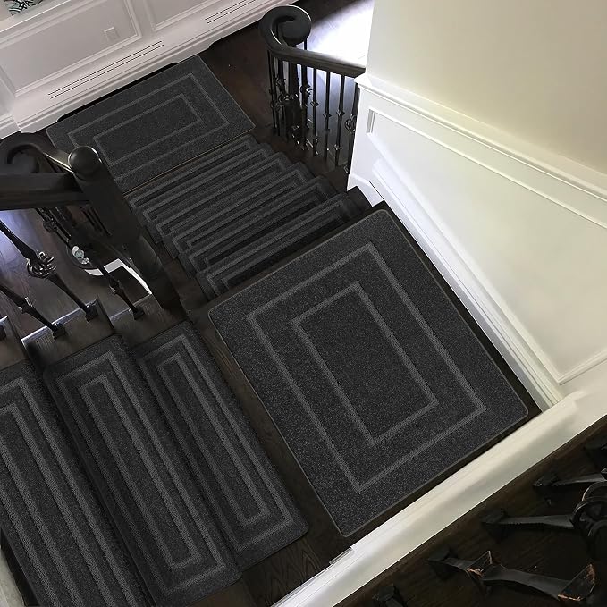 PURE ERA Bullnose Carpet Stair Treads Tape Free Non-Slip Indoor Stair Protectors Pet Friendly Stair Treads for Wooden Steps 9.5" x 30"(2 Pieces,Black Rectangular)