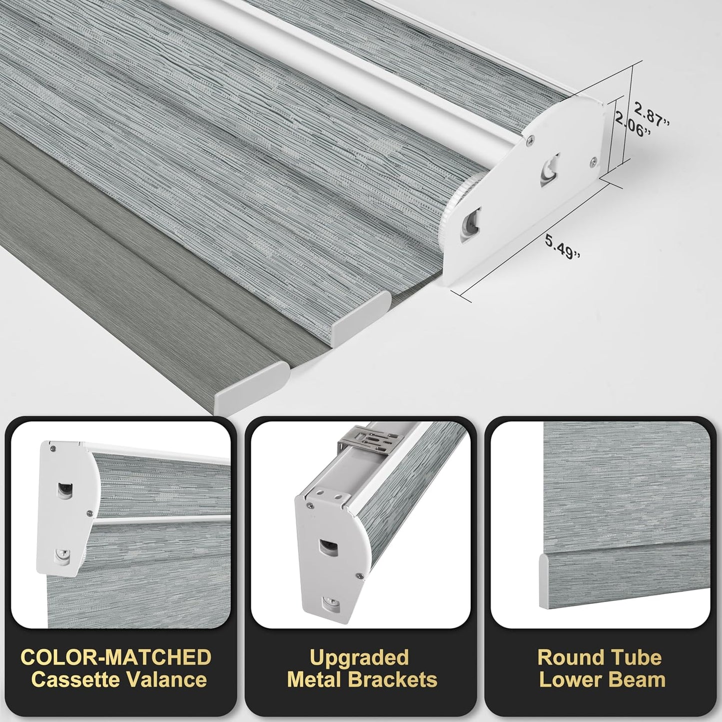 BERISSA Cordless Dual Roller Shades with Cassette Valance, Double Window Shades - Blackout and Light Filtering, Day and Night for Home Office Door. Striped Jacquard Grey. 54 W x 86" H