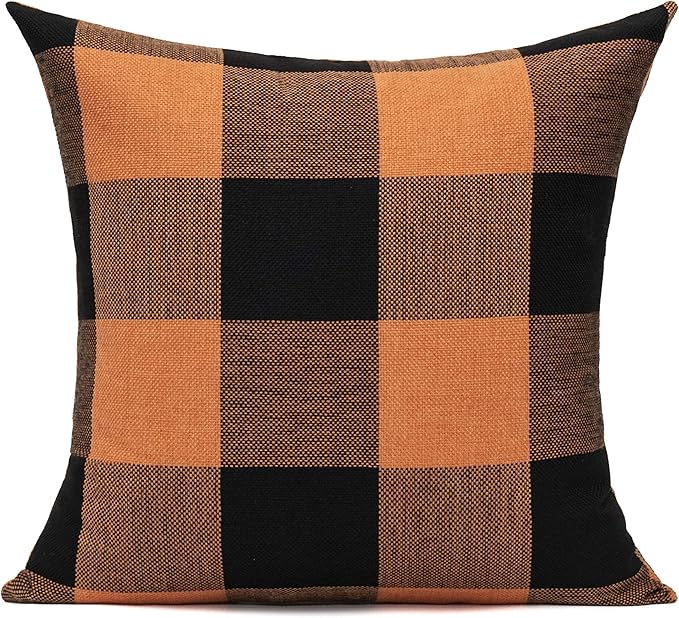 VAKADO Halloween Orange and Black Buffalo Plaids Decorative Throw Pillow Covers Fall Farmhouse Classic Retro Rustic Square Cushion Cases Home Decor for Sofa Couch Patio Outdoor 18x18 Set of 2