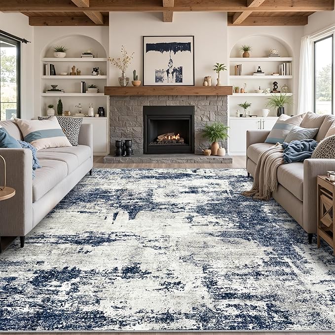 10x14 Area Rugs Living Room Rugs: Large Washable Rug with Anti-Slip Backing Non-Shedding Stain-Resistant Soft Abstract Carpet for Bedroom Dining Room Nursery Home Office-Blue/Gray