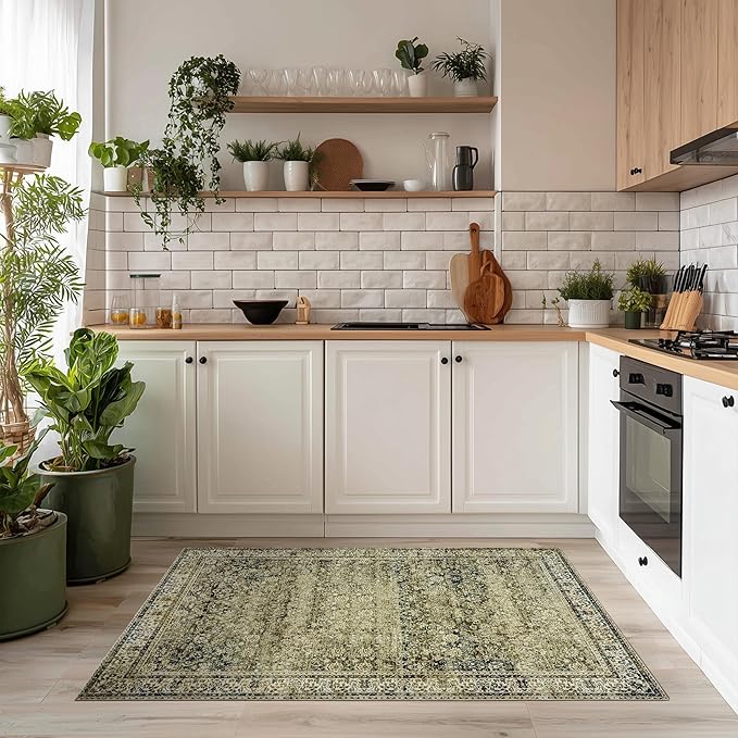 BILEEHOME Throw Rugs 2x3,Non Slip Washable Vintage Floral Boho Accent Soft Thin Small Area Rug for Sink Area Bathroom Bedroom 24 x 36,Olive Green and Beige
