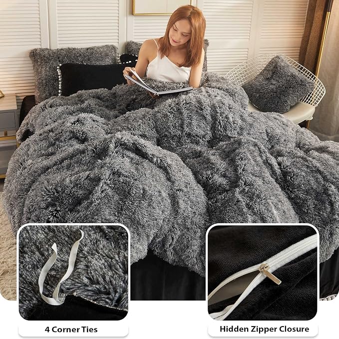 LIFEREVO Luxury Plush Shaggy Duvet Cover Set, Soft Velvet Fluffy Furry Duvet Cover Set(1 Faux Fur Fuzzy Comforter Cover + 1 Pompoms Pillow Sham) Bedding Set, Zipper Closure(Twin/Twin XL,Ombre Black)