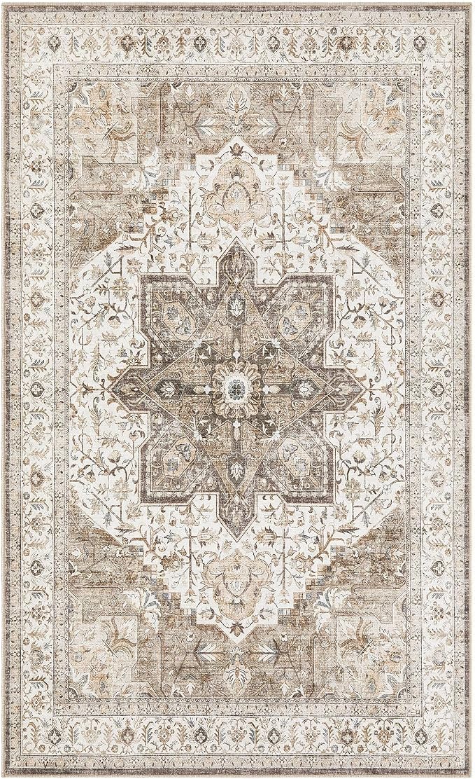 Tortania Area Rug Living Room Rugs - 3x5 Washable Rug Vintage Oriental Distressed Farmhouse Small Thin Indoor Carpet for Living Room Bedroom Under Dining Table Home Office - Brown