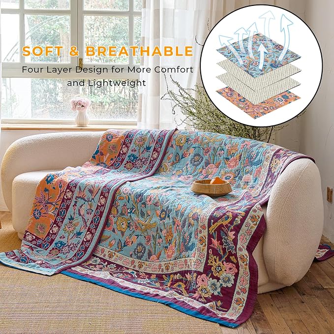 Boho Cotton Throw Blanket,Ultra-Soft Rustic Quilt for Bed, Home Decor & Travel - Large 80"x90" Muslin Blanket - All-Season Lightweight Bedspread & Throw for Women & Moms,Purple