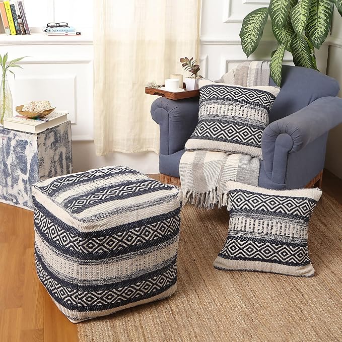 REDEARTH · Boho Textured Throw Pillow Cases - Cushion Covers Tufted Decorative Farmhouse Fall Set for Couch - Sofa - Dining - Patio - Outdoor - 100% Cotton (18"x18" - Indigo Impressions) Pack of 2