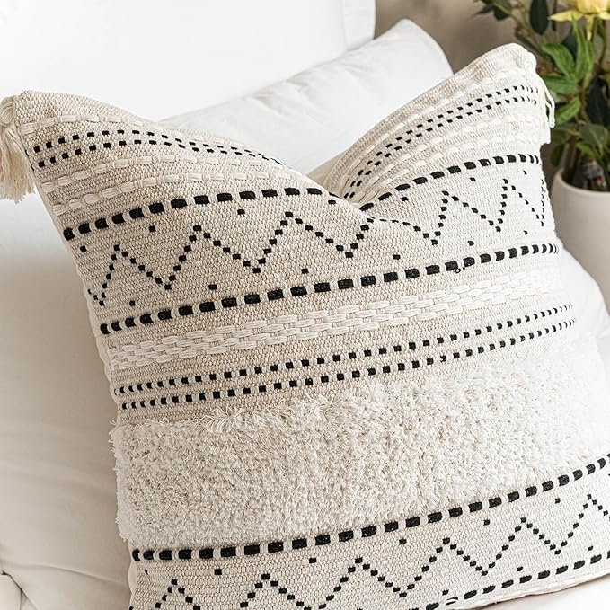 BlissBlush Decorative Throw Pillow Covers 18x18 Combo Set of 2 Square Boho Black Neutral Accent Pillowcase Tassels Farmhouse Cushion for Couch Sofa Bedroom Living Room Home Décor Cover ONLY