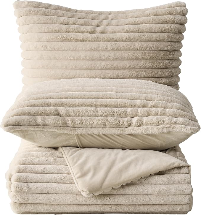 Simple&Opulence Fluffy Faux Fur Comforter Set, Plush Fuzzy Minky Bedding Set, 3 Pieces Warm Soft Comforter Bedding Set for Winter - 1 Shaggy Comforter with 2 Pillow Shams(Queen, Striped - Khaki)