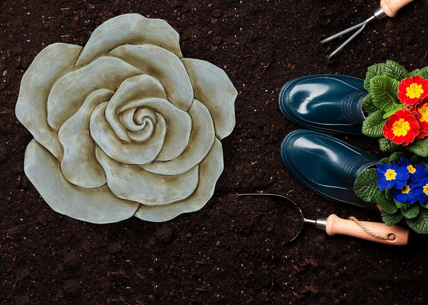 NAT & Jules Rose Flower Shaped Dimensional Indoor Outdoor 12 inch Cast Resin Decorative Garden Stepping Stone, Patio, Walkway Sculpture Yard Art, Stone Grey