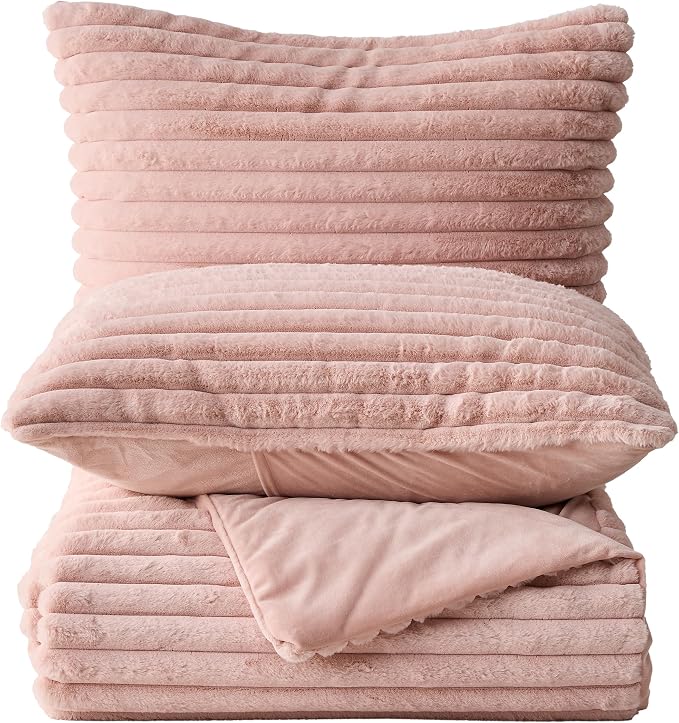 Simple&Opulence Fluffy Faux Fur Comforter Set, Plush Fuzzy Minky Bedding Set, 3 Pieces Warm Soft Comforter Bedding Set for Winter - 1 Shaggy Comforter with 2 Pillow Shams(Queen, Striped - Pink)