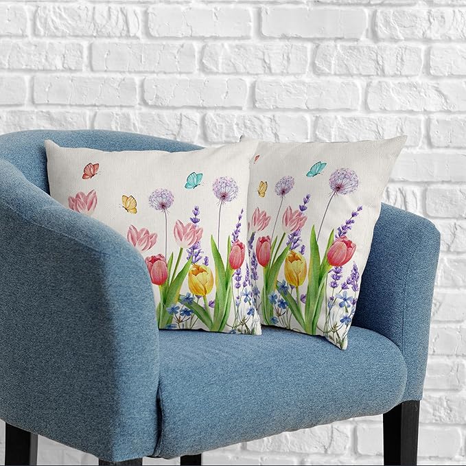 Pink Tulip Decorative Pillow Covers Spring Summer Outdoor Pillow Covers 16x16 Purple Lavender and Dandelion with Butterflies Cushion Case for Living Room Garden Patio Sofa Set of 2