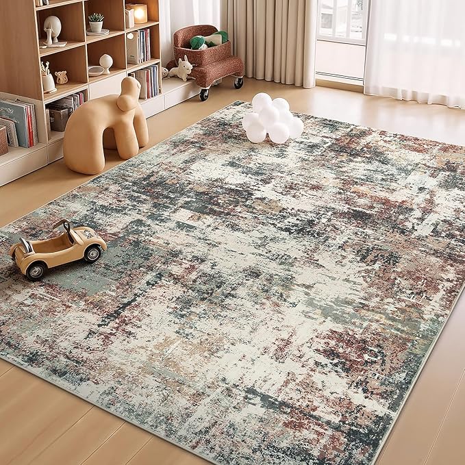 Rugflix 9x12 Area Rugs for Living Room, Washable Large Rug Stain-Resistant Low Pile, Modern Carpet for Dining Room Home Office Kid Room Nursery Bedroom, Rust