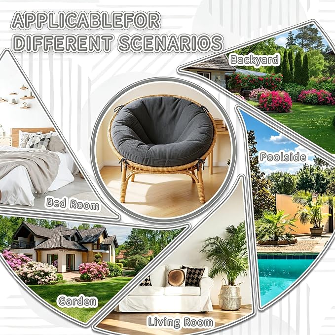 Papasan Breathable Round Chair Cushion (Without Chair) with Detachable Corduroy Cover,48 x 48 x 6 Inch Oversized Round Chair Pad Supportive Cushion, Overstuffed Chair Cushion,Memory Foam Filling,Grey