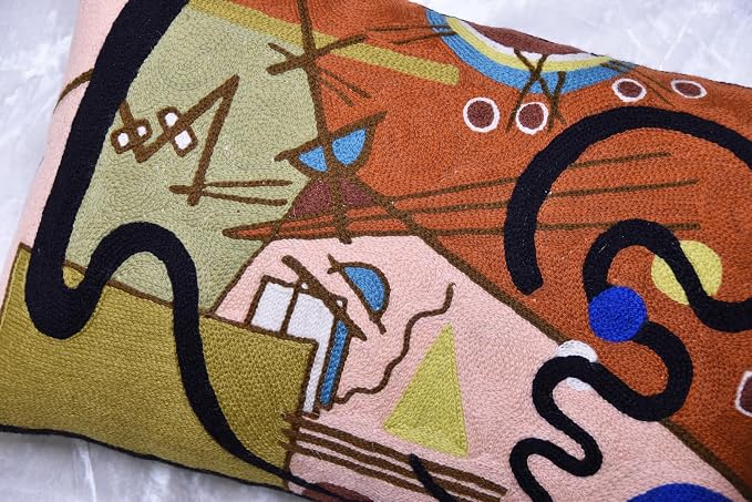 Lumbar Kandinsky Modern Pillow Cover Lyrical Mid-Century Chair Cushions Brown Abstract Pillowcase Contemporary Couch Pillowsham Sofa Hand Embroidered Wool Size 14x20