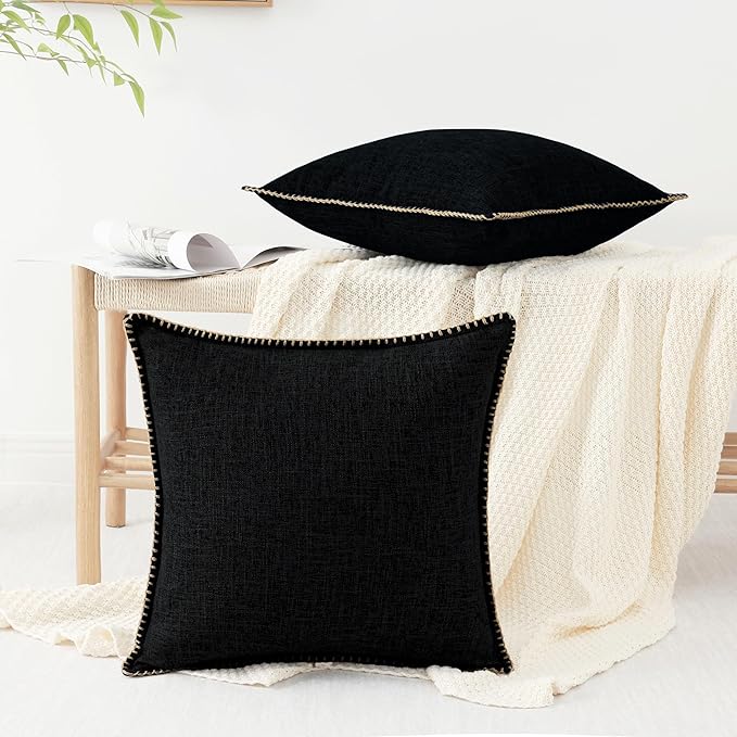 decorUhome Summer Decorative Throw Pillow Covers 24x24 Set of 2 Square Faux Linen Outdoor Neutral Farmhouse Euro Sham Pillow Covers with Stitched Edge for Couch Sofa Living Room, Black